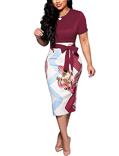 Short Sleeve Pencil Dress For Women Cute Floral Body Con Dress Medium Wine Red #TOP4