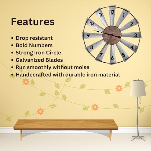Everything Help Enterprises Large Windmill Wall Clock - Big Rustic Decorative Oversized Clock For Farmhouse, Home Decor, Living Room, Bedroom Decor, Non Ticking, Battery Operated #TOP2