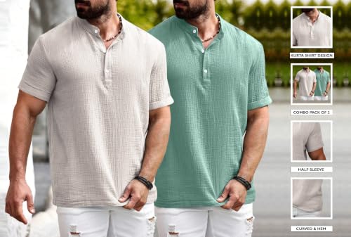 Image of Zombom Men's Polycotton Solid Short Kurta | Regular Fit | Half Sleeve | Mandarin Collar | Lightweight Casual Wear for Daily, Summer Comfort & Smart Look