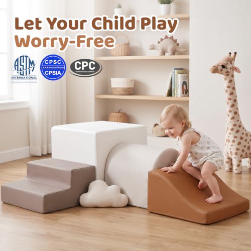 Image of Sumbababy Toddler Climbing Toys Leather Foam Climbing Blocks Indoor Soft Play Set Nordic Arch Climber for Babies and Young Toddlers High Density Foam Playroom Set Neutral
