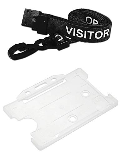 Identity-Plus: Black Pre-Printed Visitor Lanyard (Plastic J Clip, Safety Breakaway Point) with Clear Landscape ID Card Holder (100)