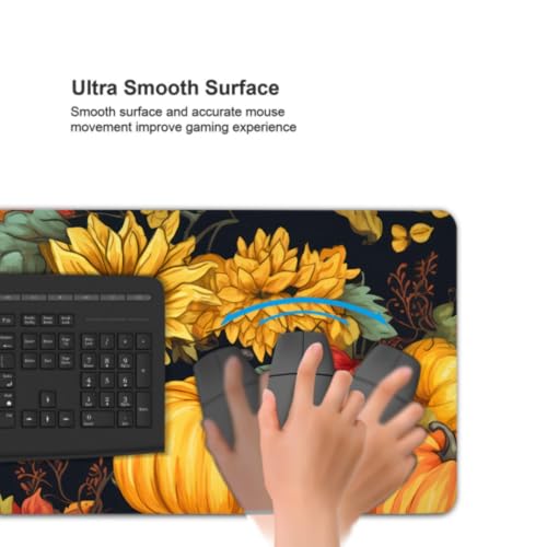Image of Fall Pumpkin Sunflower Mouse Pad 35.4x15.7 XXL Watercolor Autumn Leaf Floral Extended Mousepad Large Keyboard Mouse Mat Desk Pad with Non-Slip Rubber Base Stitched Edges for Home Office Game