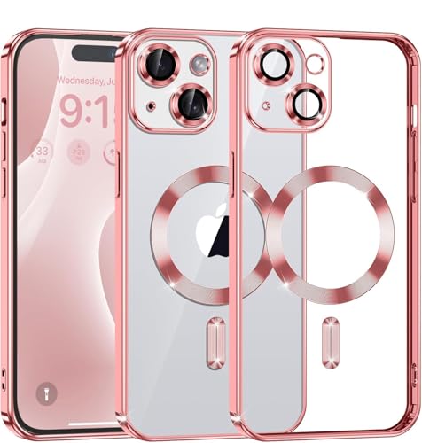 Image of VONZEE Clear Logo Electroplating Transparent Case for iPhone 14 Plus Case, Luxury Electroplated TPU Cover, Individual Camera Protection for Each Lens Bumper Case (Rose Pink)