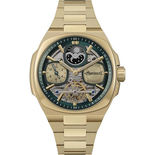 Ingersoll The Spirit Herrenuhr 46.7 mm Automatikuhr mit Grun Ziffernblatt und goldfarbenem Edelstahlarmband I15801