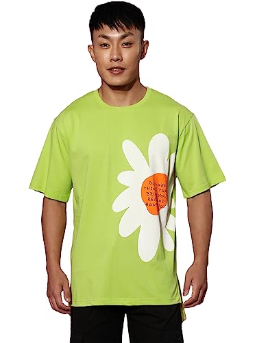 Image of Veirdo Cotton Black & Limeade Oversized Fit Half Sleeve Crew-Neck Floral Printed Longline T-Shirt for Men