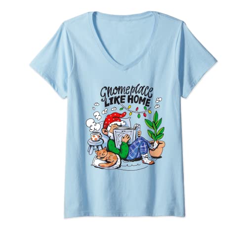 Donna Gnome Place Like Home Reader Gnome No Place Like Home Maglietta con Collo a V