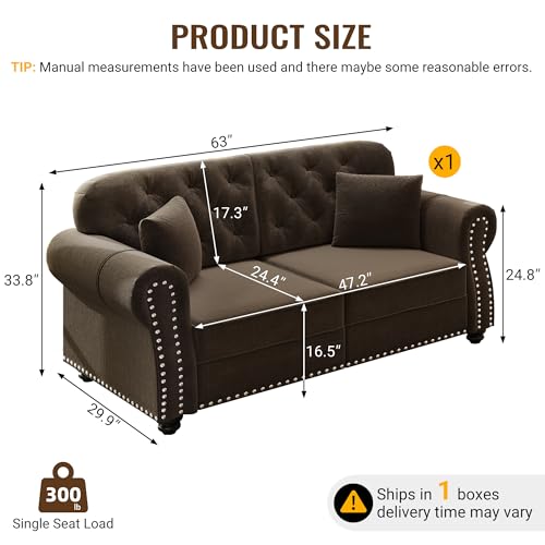 Image of KEIKI 63 inch Velvet Chesterfield Sofa with Rolled Arms & Nailhead Trim, Modern Upholstered 2-Seater Button Tufted Couch with High Resilience Cushion & 2 Pillow, Easy Assembly, for Living Room, Brown