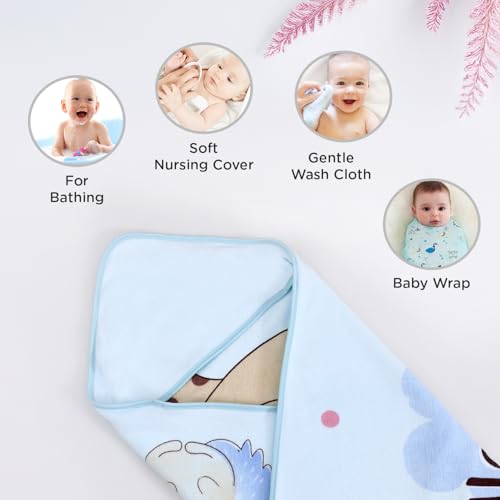 Image of Mee Mee Hooded Baby Bath Towel for New Born | Wash Cloth, Quick Absorbent, Can be Used for Baby Swaddling, Extra Soft Cotton Towels for Kids /Toddlers /Infants /Babies, Pack of 1, (Blue Animals) 80X80 CM