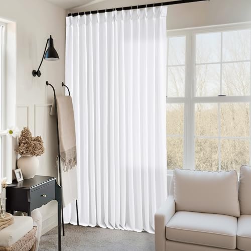 Image of Extra Wide Snow White Pinch Pleated Semi Sheer Linen Curtains 70x120 Drape | 70 inch wide 120 inch Extra Long Floor To Ceiling, Sliding Door Glass Door, Light-Filtering Privacy, Faux, Memory Shape, Boho
