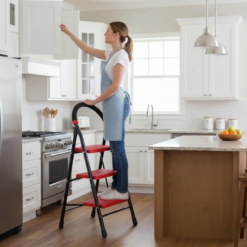 Image of CIPLA PLAST Super Milano Heavy Duty Ladder for Home Folding Ladder Premium Alloy Steel Folding 3 Step Ladder for Home, Wide Anti-Skid Steps (Black & RED) GEC-L3(SM)