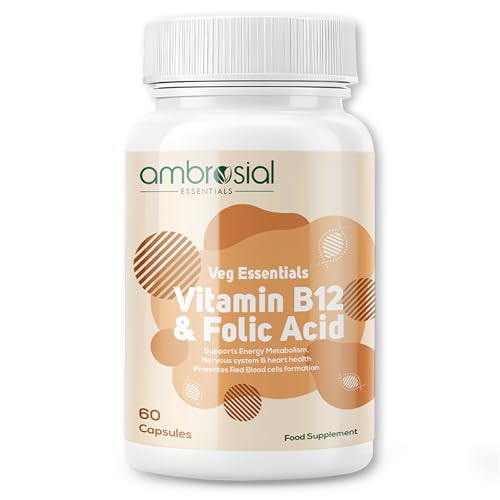 Ambrosial Vitamin B12 1000 mcg + 500 mcg Folic Acid | 1500 mcg | Folic Acid | Reduction of Tiredness & Fatigue | B12 Supplement | Immune System Energy & Brain Support (Pack of 1-60 Capsules)