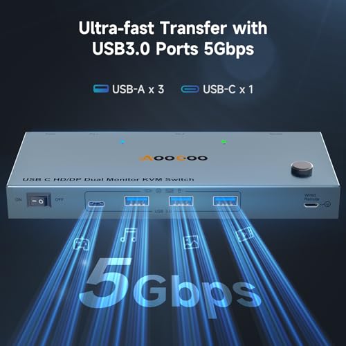 Image of USB C KVM Switch 4K@60Hz,Dual Monitor USB C HDMI DP KVM Switch for 1 PC and 1 Laptop Sharing 2 Monitor and 4 USB3.0 Devices, PD Power for Laptop with Wired Remote Control and USB Cables, Silver 12cm