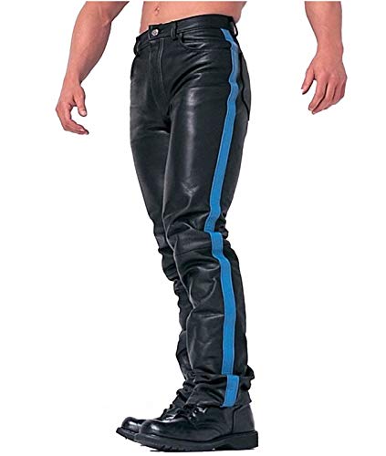 Men's HOT Style Real Black Cow Leather with Strips Pants Sleek & Sexy Jeans Motorcycle Biker Trouser2