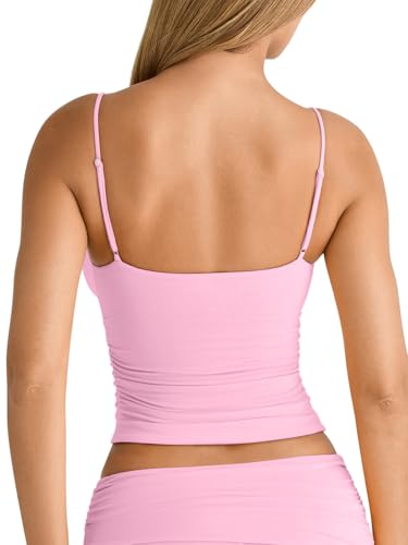 Image of PINKMSTYLE Women's Sexy V Neck Ruched Cami Top Sleeveless Spaghetti Double Layer Fitted Crop Tank Tops
