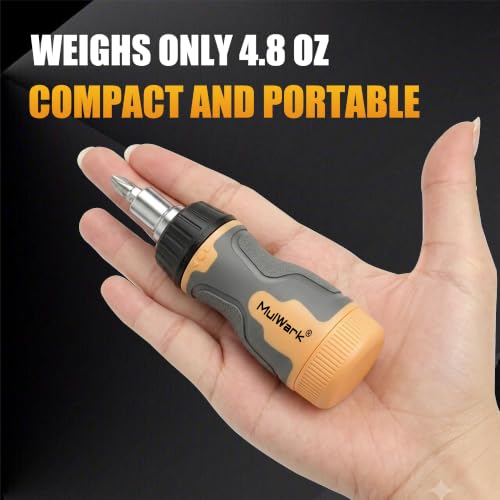 Image of MulWark 7-in-1 Stubby Ratcheting Screwdriver, Small Screwdriver with Magnetic, Multi-bit Stubby Screw driver with S2 Steel Phillips Slotted Torx Bits in Handle, Compact Tool for Tight Spaces