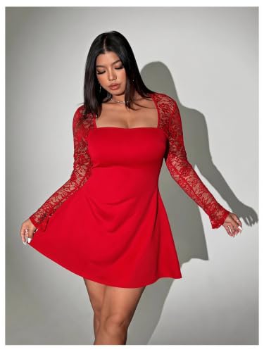 Image of Floerns Women's Plus Size Lace Sheer Long Sleeve Square Neck Mini Dresses | A Line, Curvy, Flare, Birthday, Night Out, Party, Wedding Guest, Formal, Mini Dress