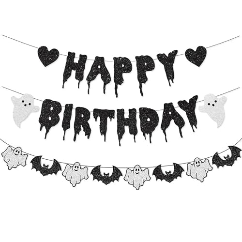 GDCELPA Halloween Birthday Party Decorations Glitter Happy Birthday Banner Horror Movie Decor Supplies Scream Theme Party Favors(Black)