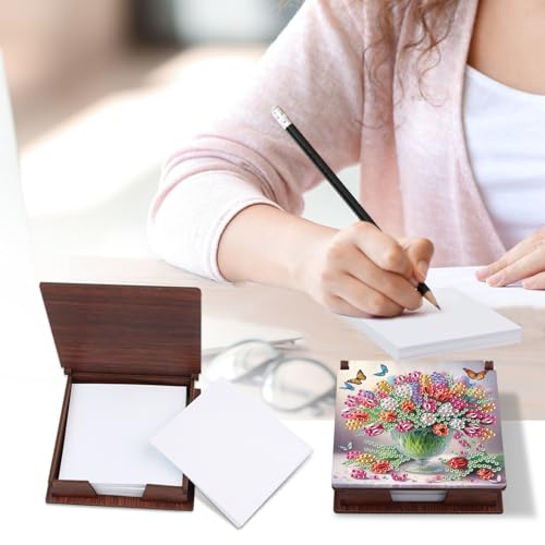 Image of MVVMTOP Diamond Painting Kit memo Box, Diamonds Art DIY Vase and Flowers Patterns Sticky Note Box Special Shape Drill, with 160 Sticky Note, Ideal for Home Office Supplies, Handicrafts, Holiday Gifts