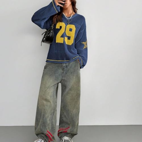 Hollow Out Crochet Jersey Shirts for Women Oversized Sweater Y2k Tops V Neck Graphic Tee 90s Pullover Sweaters4