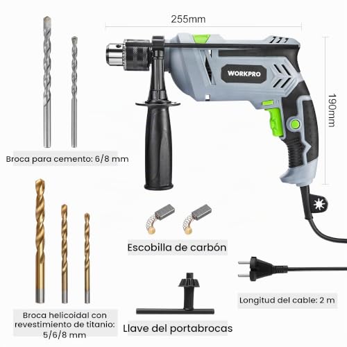 Miniatura 2 de Workpro 850w Taladro Percutor, Taladro Eléctrico Con Cable, Taladro De Impacto Con Mango Giratorio De 360 , 3000 Rpm, Botón De Velocidad Variable