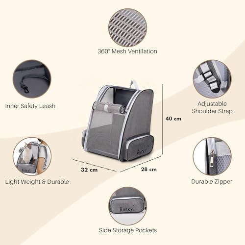 Image of Husky & Purr Cat Bag Carrier Backpack, Grey | Collapsible, Breathable Pet Carrier Backpack | Mesh Ventilation Cat Carrier Bag for Travel, Up to 8kgs