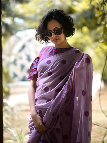 Image of Sidhidata Women's Polka Dot Printed Linen Cotton Saree With Unstitched Blouse Piece (Laddu Free Size)