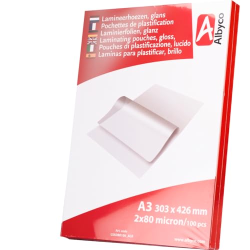 Albyco Fundas Plastificar - Laminas para plastificar- Película de Laminación- A3 (303x426 mm) - 2x80 (160) Micras- 100 Piezas- - Plastificadora, A3 Hojas Plastificar- Brillante- Transparente-