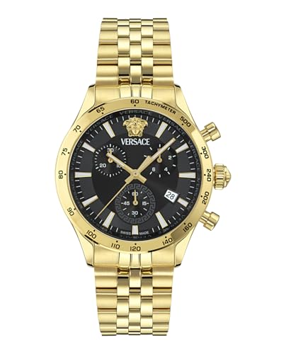Versace Hellenyium Chrono Petite Collection Luxury Mens Watch Timepieces with a Gold Bracelet and Case Featuring a Black Dial