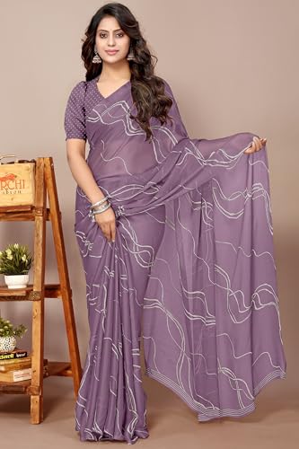 Image of MIRCHI FASHION Saree for Woman Chiffon Georgette Geometric Printed | Lightweight Farewell and Women's Office Sari with Blouse Piece