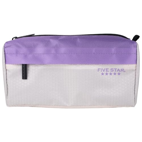 Image of Five Star Pencil Pouch 9-Pocket Zipper Storage Organizer Case for Office Supplies Earbuds Chargers Cables Makeup, Tan /Purple (505600E)