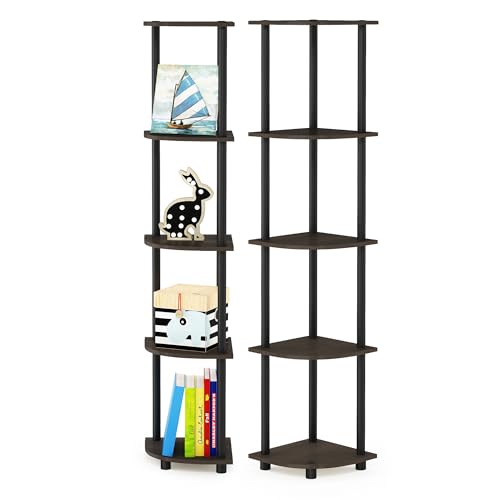 Image of Furinno TURN-N-TUBE Corner Shelf Set of 2, 5-Tier Corner Bookshelf, Open Storage Shelves, for Organization and Storage, Living Room, Home Office, Garage, Dark Brown Grain
