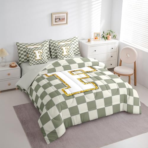 Image of Erosebridal Sage Green Checkered Full Bedding Set 7 Piece Plaid Initial F Bed in A Bag with Sheets Personalized Monogram Comforter Set for Kids Adults,Fashion Grids Gingham Bed Sets