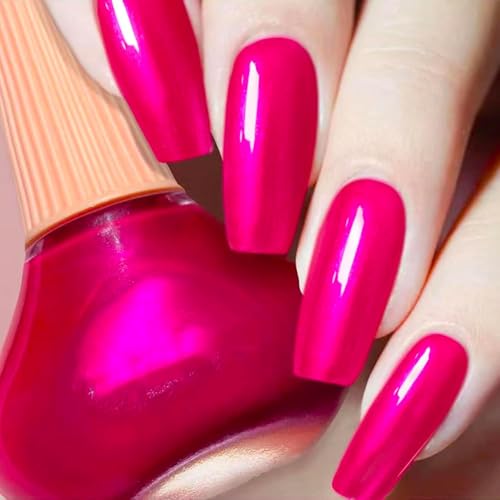 Hot Pink Nail Polish - 12ml Fast Dry Chrome Fingernail Polish - Neon Pink Super Lustrous Nail Enamel Lacquer - Shimmer Iridescent Ultrachrome Nail Art Varnish For Women Nail Art DIY