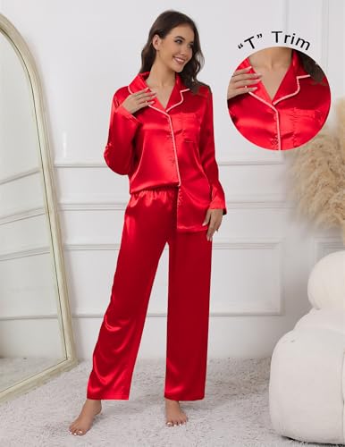 Image of Ekouaer Pajamas For Women Set Silk Pjs 2 Piece Satin Sleepwear Long Sleeve Button Down Lounge Sets With Pant
