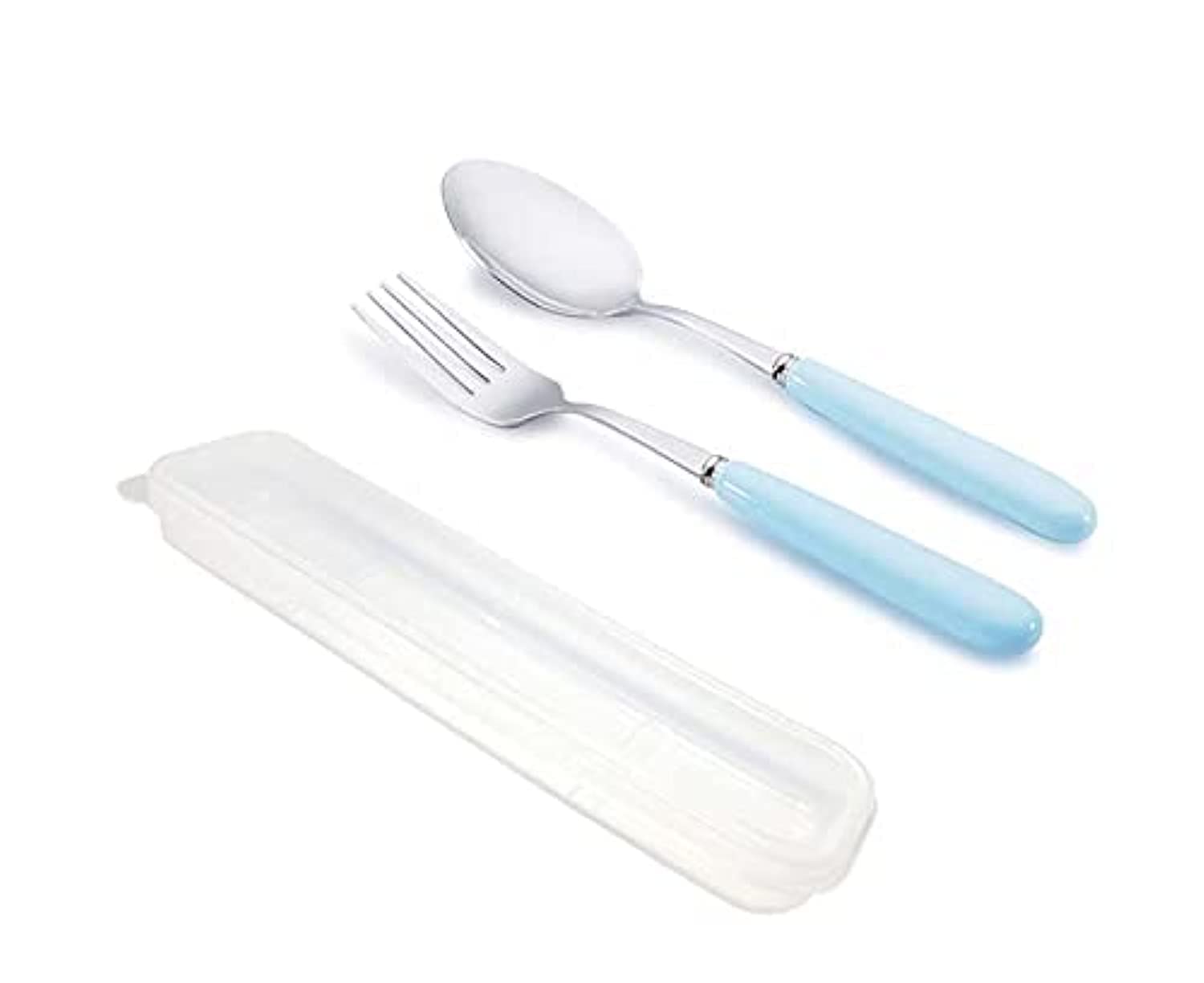 Portable Flatware Set with Case 304 Stainless Steel Fork and Spoon Reusable Flatware Set Dishwasher Safe Flatware Utensils with Ceramics Colored Handle for To Go Anywhere (BLUE)