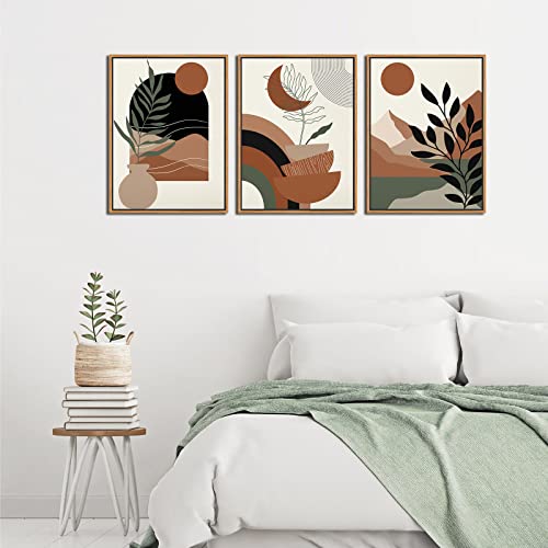 Wood Framed Wall Art Minimalist Botanical Canvas Picture Prints Modern Mid Century Boho Neutral Wall Decor Abstract Canvas Artwork For Living Room Bedroom Bathroom Kitchen Office Home 12" X 16" X 3 #TOP4