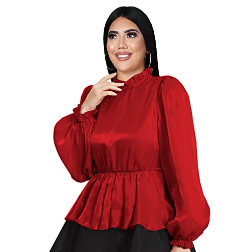 nuoshang Blusa de raso con cuello alto para mujer con manga larga Peplum brillante transparente Top, Rojo, X-Large Cover