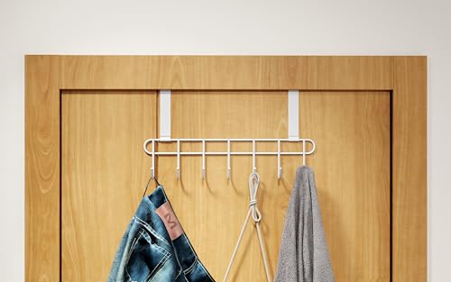 Image of Over the Door Hook Hanger Rack | Heavy Duty Multi Alloy Steel | No Drill 7 Hook Organizer | Space Saving Door Hanger for Bedroom, Bathroom, Kitchen & Home Storage - White (Pack of 2)