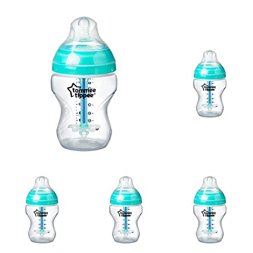 Image of Tommee Tippee Anti-Colic Baby Bottle, Slow Flow Breast-Like Nipple and Unique Anti-Colic Venting System, 9oz, 1 Count, Clear (Pack of 5)