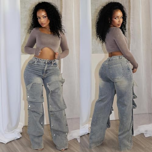 Women's High Waist Work Jeans, Straight Wide Leg, Loose Fit, Removable Stitching, Asymmetric, Stretch Denim3