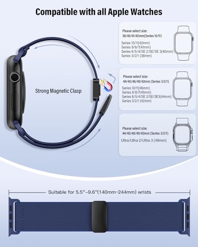 Image of Stretchy Band Compatible with Apple Watch Bands 40mm 38mm 41mm 42mm 44mm 45mm 46mm 49mm Women Men,Strong Magnetic Clasp Elastic Sport Strap for iWatch Series 11 10 9 8 7 6 5 4 3 2 1 Ultra SE /Navy Blue