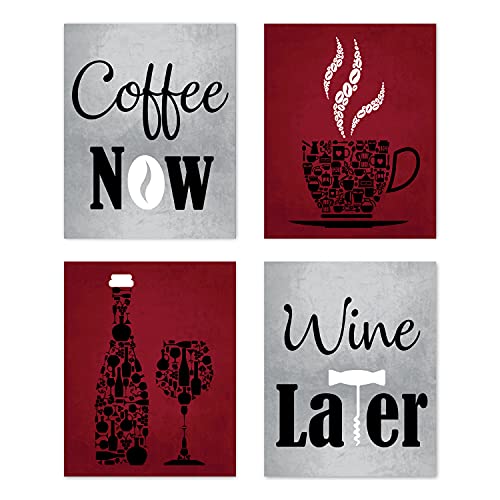 A LuxeHome Red Wine Grey White Mosaic Vintage Inspirational Kitchen Restaurant Cafe Bar Dining Room Wall Art Decorations Gifts for Wine Drinkers Coffee Now Wine Later Red Grey 8 In x 10 In