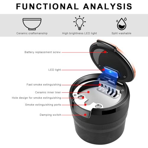 Image of 2PCS Car Ashtray with Lid, Detachable Auto Smokeless Ash Tray with LED Blue Light, Portable Ashtray for Vehicle Cup Holder and Air Vent Home Office, Interior Car Accessories (Black&Rose Golden)