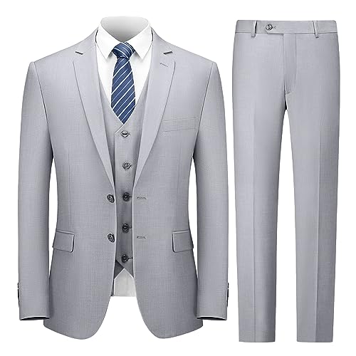 Cooper & Nelson 3 Piece Mens Suit Set, 2 Button Slim Fit Suit for Men, Solid Jacket, Vest, Pants and Tie Light Grey L