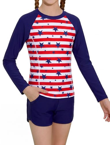 Image of Alakuoti Girls Rash Guard Swimsuit Two Piece Bathing Suit UPF 50+ Sun Protection Long Sleeve Swimwear 6-14 Years