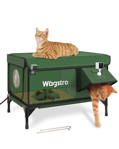 Wagstro Heated Cat House for Outside with Smart Pet Camera Highly Elevated with Escape Door Insulated Waterproof Outdoor Cat House Shelter for Feral Stray Barn Cat (Army Green 25.6x16.5x18.5)
