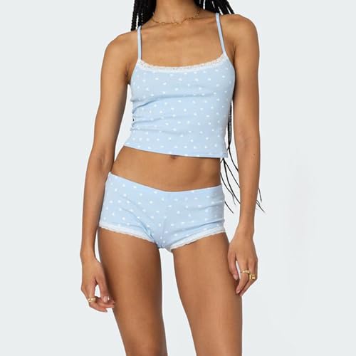 Image of Yuemengxuan Women Y2k Polka Dot Pajamas Sets 2 Piece Sexy Summer Outfits Set Sleeveless Strappy Cami Top Crop Top Shorts Set