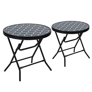 Alternative view of MFSTUDIO Patio Side Table, Folding Portable Round Bistro Coffee Table, Tempered Glass Metal End Table, Plant Stand for Indoor & Outdoor Garden Backyard Lawn Poolside, 18 inch Pattern Black - Set of 2