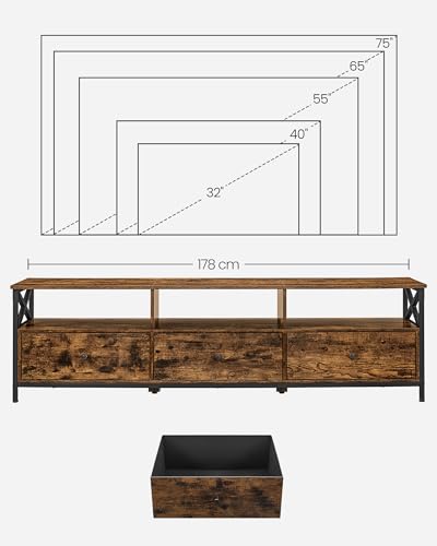 Miniatura 3 de Vasagle Mueble De Tv, Mesa De Tv De Hasta 80 Pulgadas, Con 3 Cajones De Tela Y 3 Compartimentos Abiertos, 178 X 40 X 50 Cm, Para Salón, Dormitorio, Marco De Acero, Marrón Rústico Y Negro Ltv303kd01