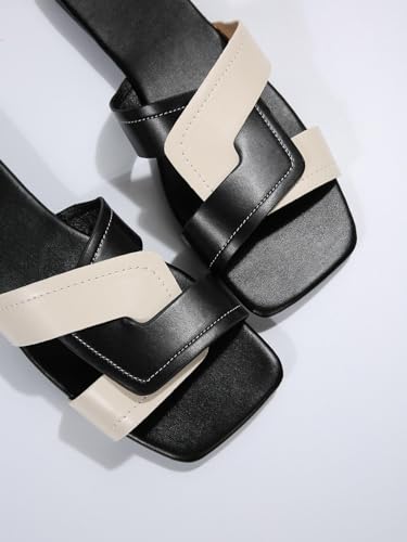 GORGLITTER H-Band Flat Sandals for Women Dressy Color Block Slides Open Square Toe Summer Beach Vacation Sandals3